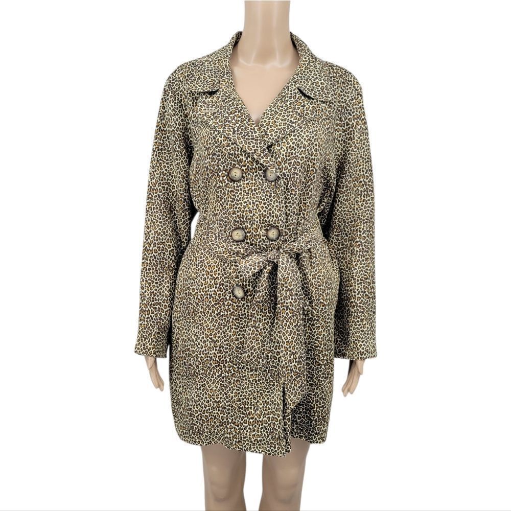 Tasha Polizzi Trench Coat Vintage Linen Leopard Print Double Breasted